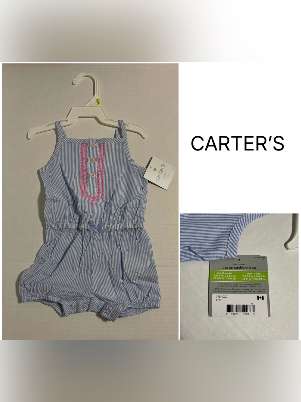 CARTER’S - 3M - NWT - INFANT GIRLS BLUE WHITE STRIPE ROMPER